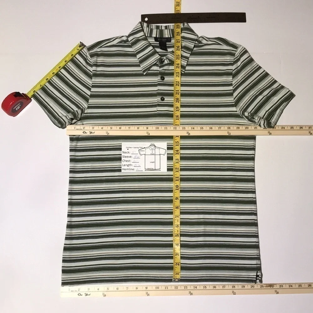 EXPRESS Men’s Green/Cream/Lt Blue/Black Striped Short Sleeve 3-Button Polo—Sz L